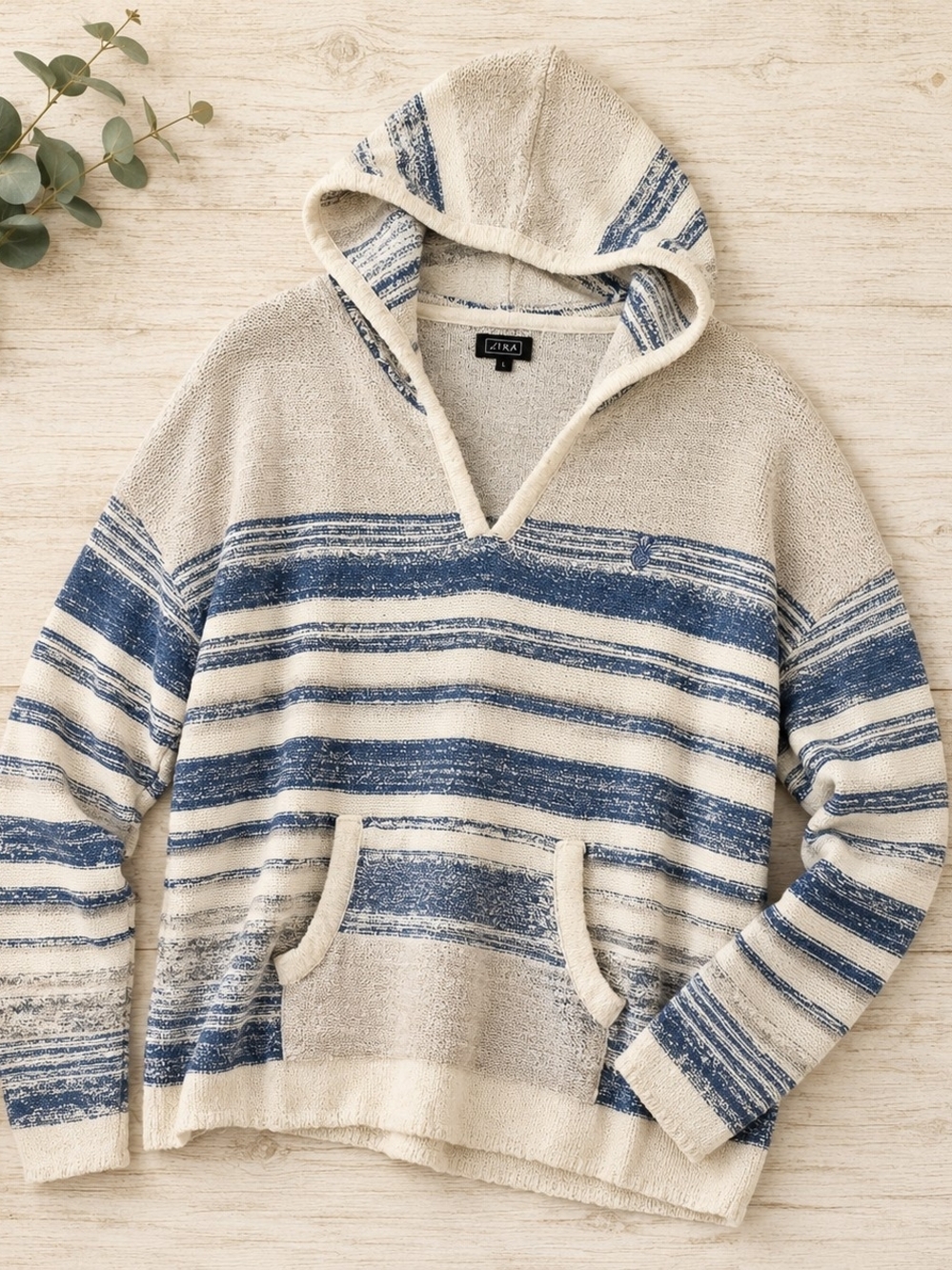 Lira Cream & Blue Striped V-Neck Hooded Sweater